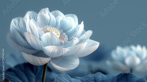  a close up of a blue and white flower with a butterfly on the center of the flower and in the middle of the petals  on a blue background is a body of water.