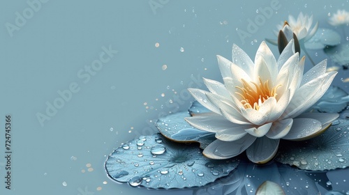  a close up of a water lily with drops of water on it s leaves and water droplets on it s surface  on a blue background with a light blue background.