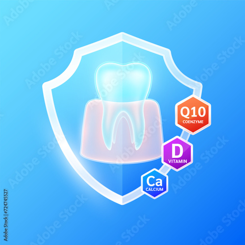 Tooth and gum in blue shield glass with vitamin D minerals calcium coenzyme Q10. Essential nutrients for teeth healthy prevents decay and gingivitis. Oral treatment. Health care dentist. Vector.