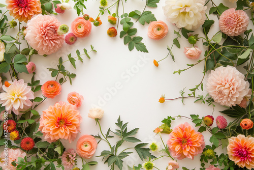 Beautiful floral frame with colorful blossoms and green leaves for background