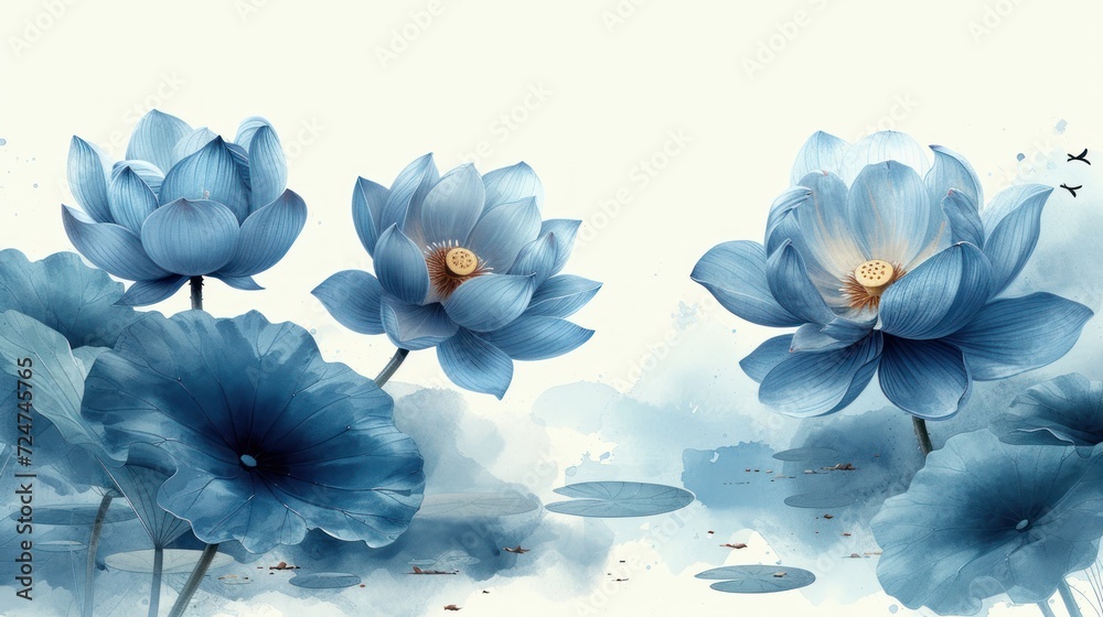  a group of blue flowers sitting on top of a lush green field of waterlily blue flowers in front of a white background with a butterfly flying in the sky.