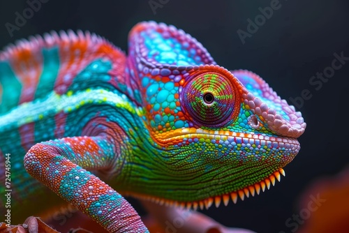 A mesmerizing chameleon perched on a vibrant branch, showcasing the beauty and diversity of the reptilian world © Pinklife