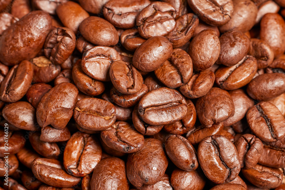 close up of roasted coffee beans, macro.