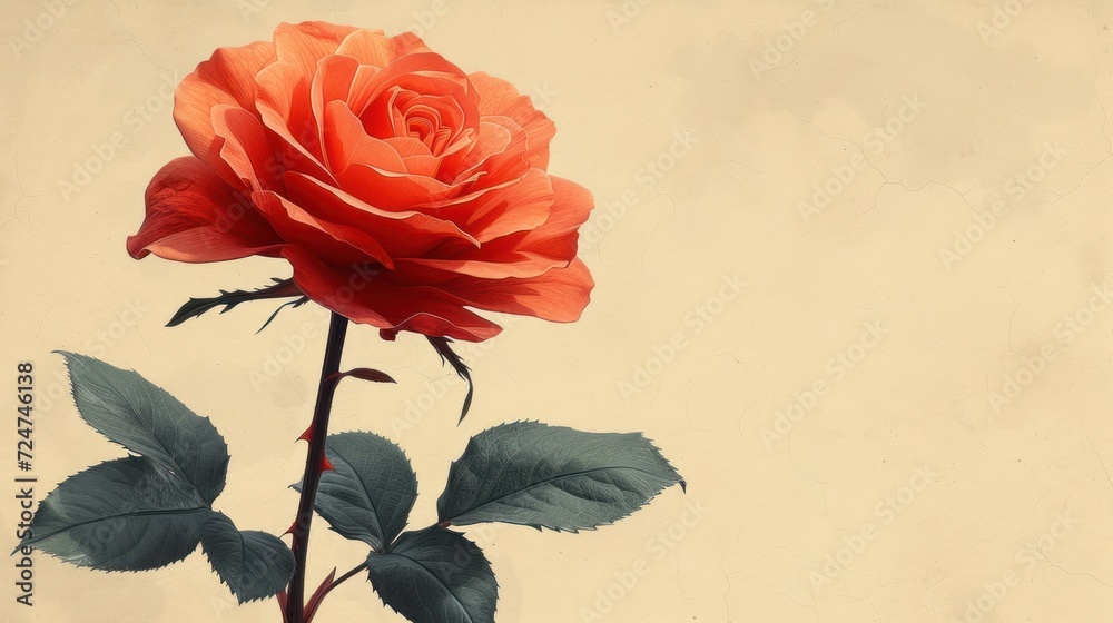  a close up of a single red rose on a stem with green leaves on a beige background with only one single red rose in the center of the stem, and the rest of the.
