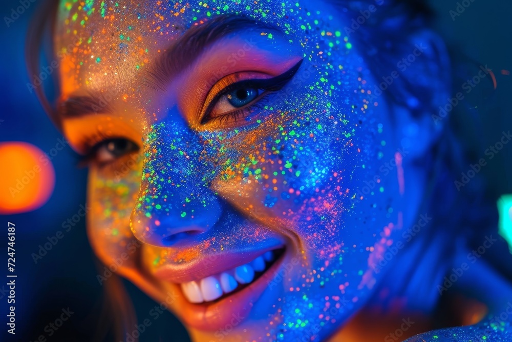 A beaming smile illuminates the human face, adorned with intricate patterns of glowing paint, creating a mesmerizing portrait of art