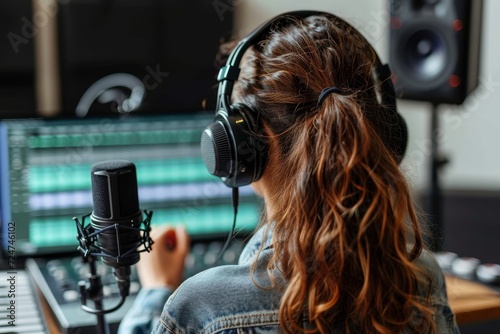 A talented woman creates captivating music in her recording studio using electronic equipment, including headphones, a microphone, and a musical keyboard