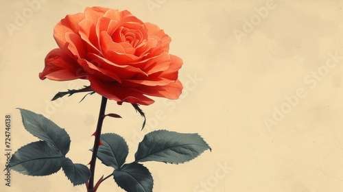  a close up of a single red rose on a stem with green leaves on a beige background with only one single red rose in the center of the stem, and the rest of the.