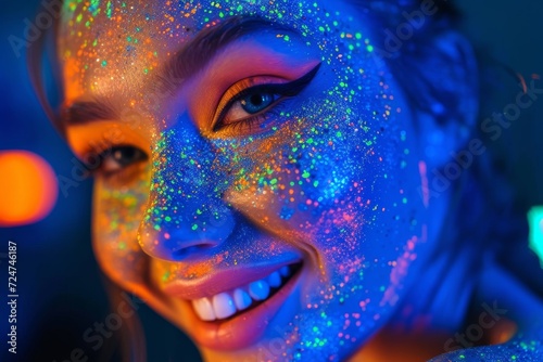 A beaming smile illuminates the human face, adorned with intricate patterns of glowing paint, creating a mesmerizing portrait of art
