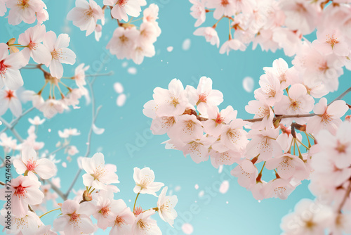 Pink Cherry Blossoms. Sakura blooming in spring season isolated on sky background. Spring   branches of blossoming cherry against background of blue sky. Pink sakura flowers.