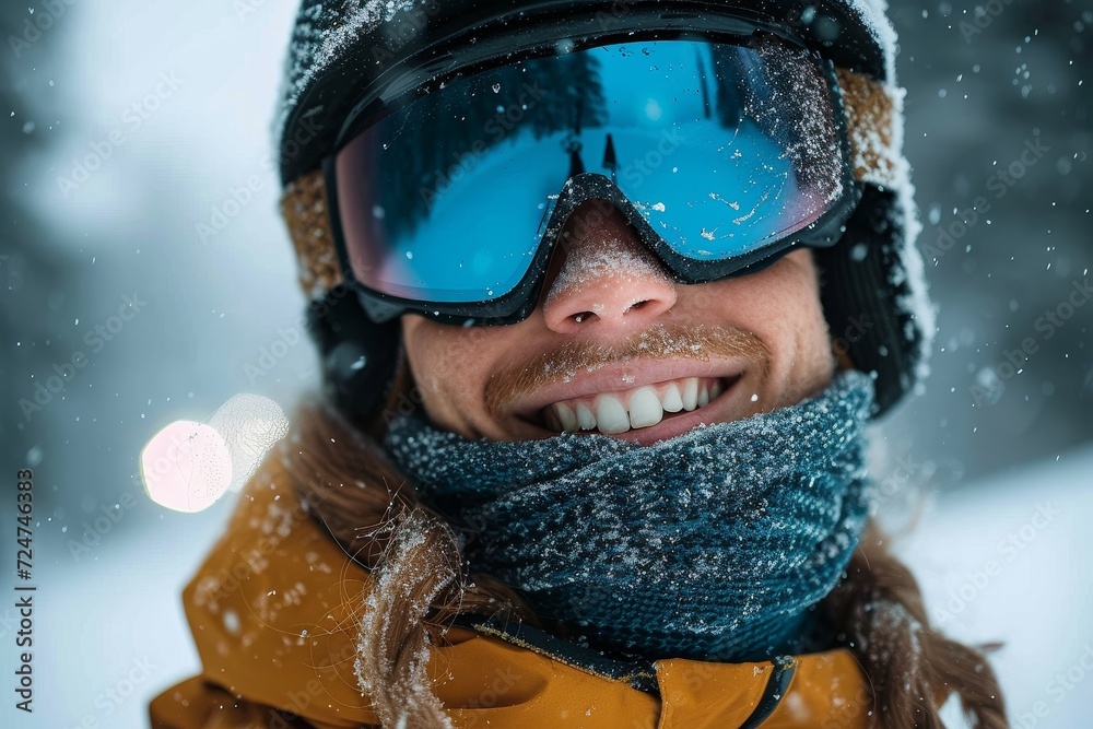 A bundled up man braves the freezing winter with a smile, his face covered by goggles and a hat, as he joins a woman wearing glasses to enjoy the snowy outdoors A bundled up man braves the freezing winter with a smile, his face covered by goggles and a hat, as he joins a woman wearing glasses to enjoy the snowy outdoors