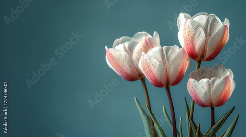  a group of pink and white tulips against a teal blue background, with a few green stems in the foreground and a blue sky in the background.