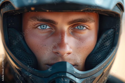 Intense and protected, a human face peers through the visor of a helmet, revealing determination in his eyes © Pinklife
