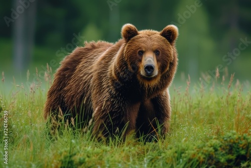 A magnificent brown bear peacefully roams through the lush, grassy fields of its natural habitat in a nature reserve, showcasing the beauty and majesty of this iconic terrestrial mammal