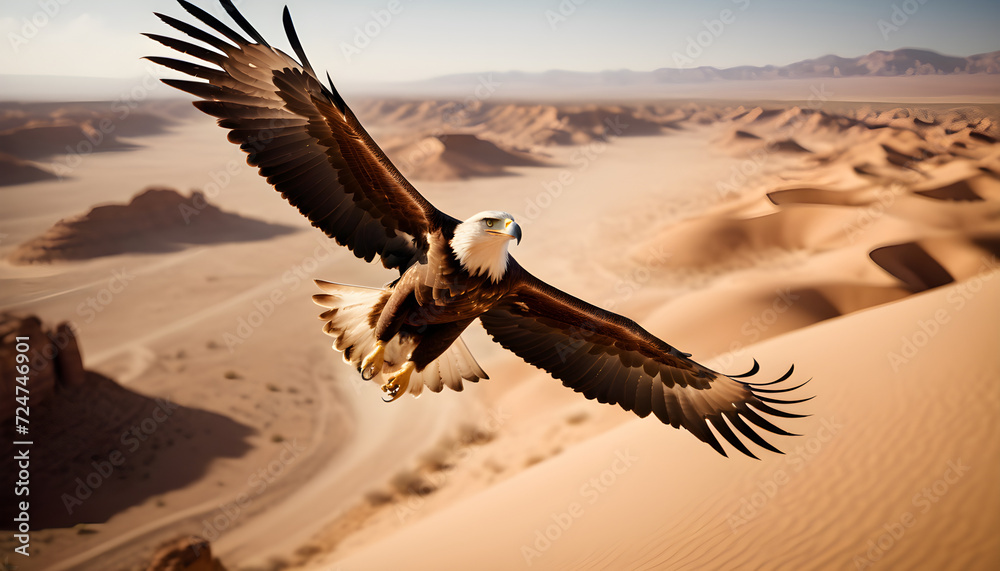 Naklejka premium Majestic Eagle Soaring Above Sand Dunes Under a Clear Desert Sky