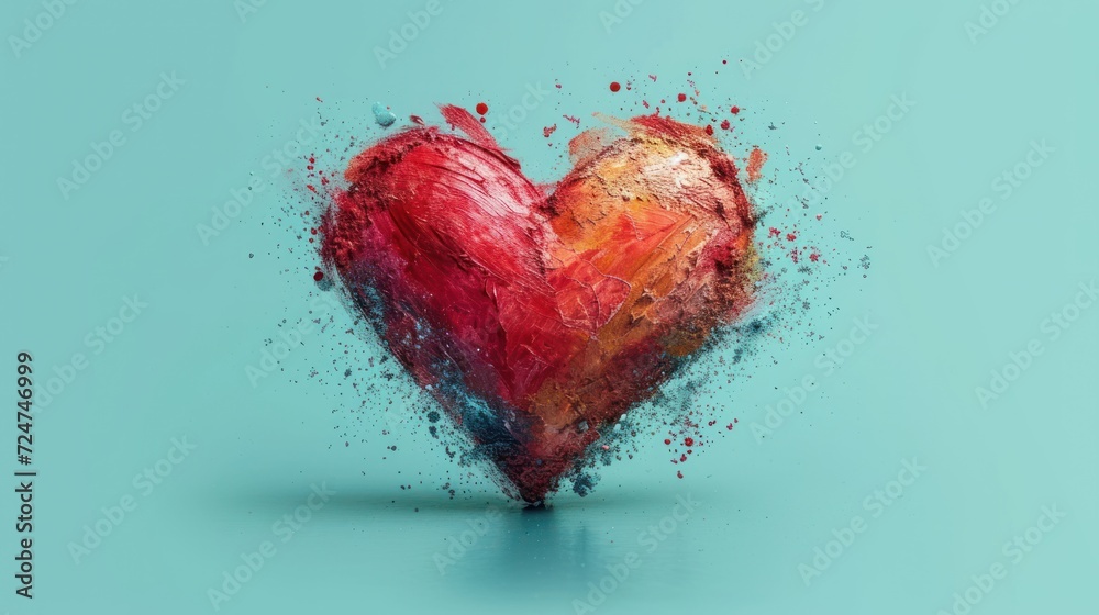  a red and yellow heart shaped object with water splashing out of it's sides on a blue background with a light blue back ground and blue back ground.