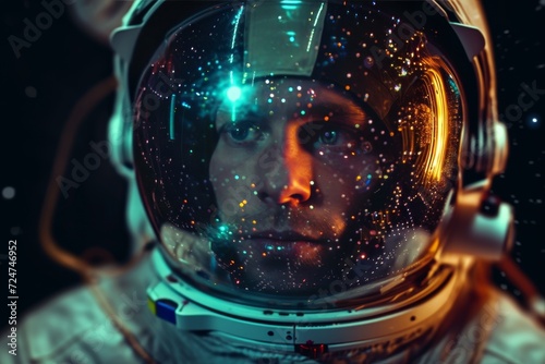 A lone astronaut in a sleek pressure suit stands in front of the vastness of space, his visor reflecting the awe and determination of his mission