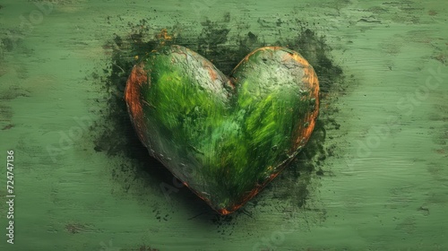  a painting of a green heart shaped object on a green and brown background with a small amount of paint splattered on the top of the heart and bottom half of the heart.