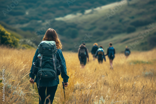 woman walking in the field while triping on hiking