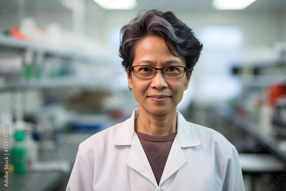 Portrait photo of a young handsome Asian female scientist in laboratory, white background. Concept of proving a healthy product. Portrait photo of a young handsome Asian female scientist in laboratory, white background. Concept of proving a healthy product.
