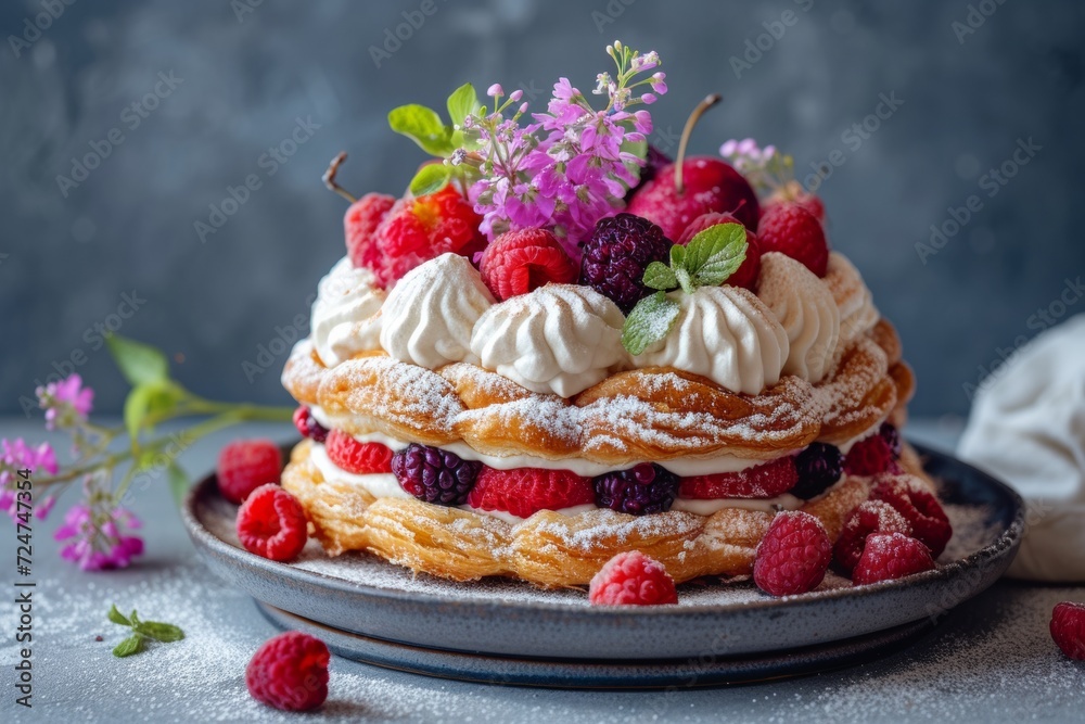 a Paris-Brest pastry with a creative flair and colorful garnishes in a visually enticing stock photo a Paris-Brest pastry with a creative flair and colorful garnishes in a visually enticing stock photo