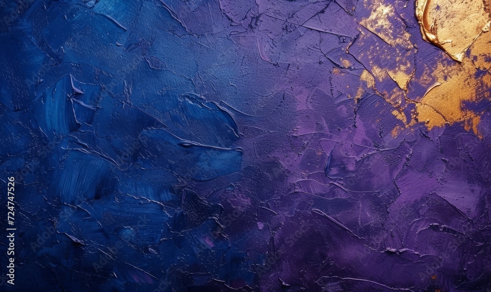 Abstract dark blue , violet and gold painting on canvas background