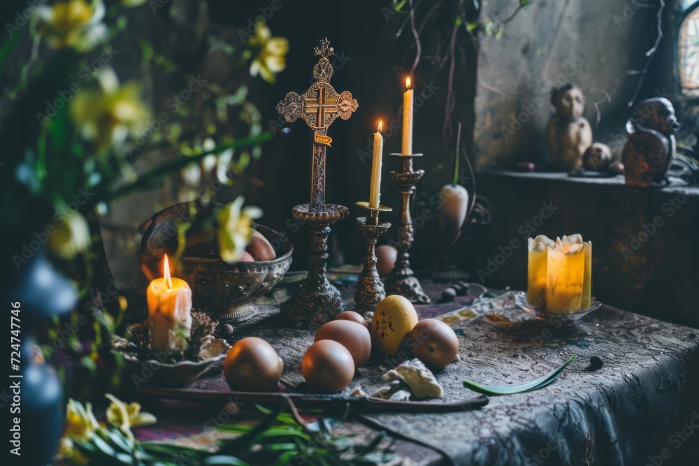 Table with Easter eggs, a cross, candlesticks with candles and flowers. Catholic Easter celebration, Easter eggs, candles and spring flowers
