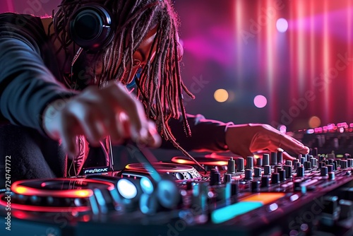 A skilled deejay with flowing dreadlocks creates an electrifying atmosphere as he expertly manipulates the mixing console and cdjs, filling the indoor concert space with a mesmerizing blend of electr photo