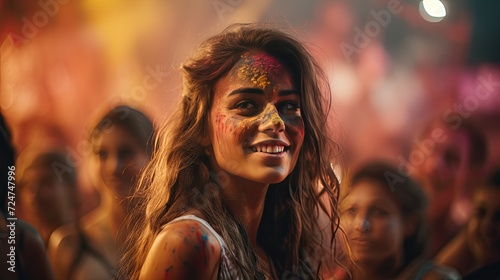 Woman Celebrating With Raised Arms in a Crowded Setting, Holi
