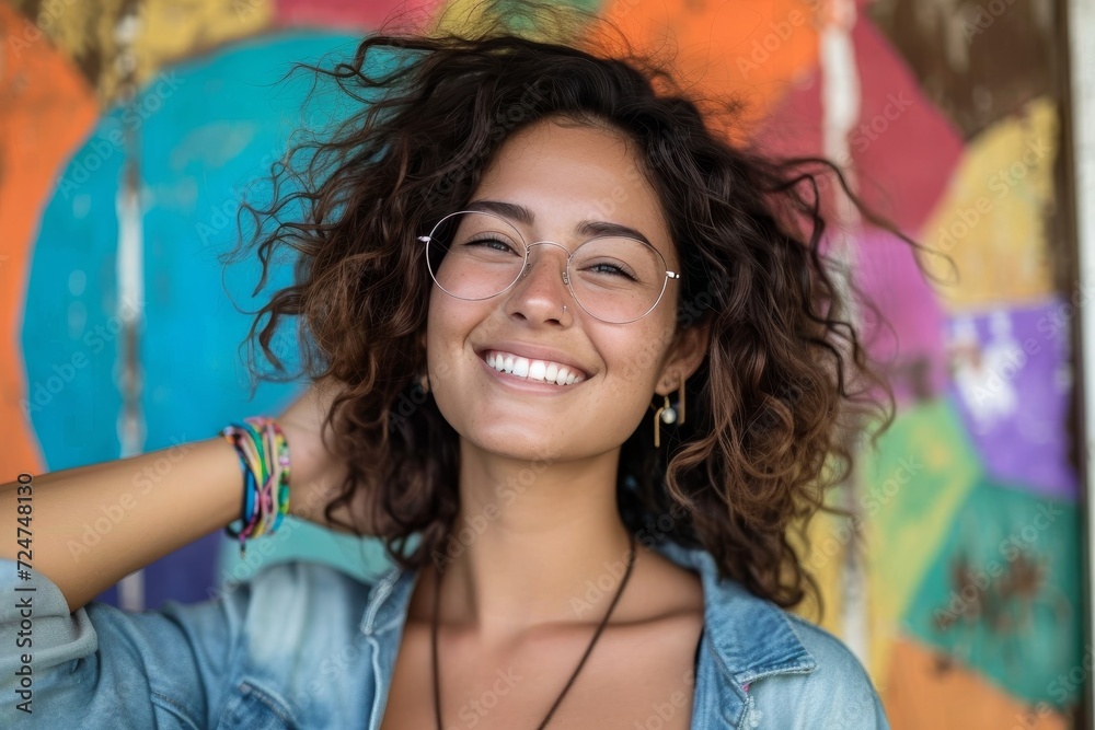Fototapeta premium A stylish woman radiates happiness as she rests her hand behind her head, showcasing her beautiful black hair, trendy glasses, and fashionable clothing
