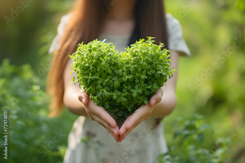 A girl holding a heart shaped plant, celebrating World Heart Day and promoting heart health insurance and charity volunteer donation.