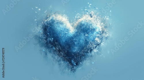  a blue heart shaped object floating in the air with water splashing out of it's sides and around it's sides, on a light blue background. photo