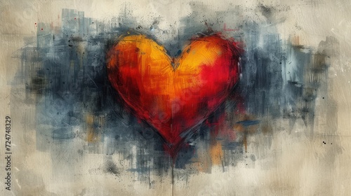  a painting of a red and yellow heart on a beige background with black and white spots on the left side of the heart and the right side of the painting. © Shanti