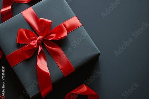 Exquisite gift wrapping in black color with red ribbon on dark background, concept for Birthday, Father's Day, Black Friday, Anniversary, Christmas