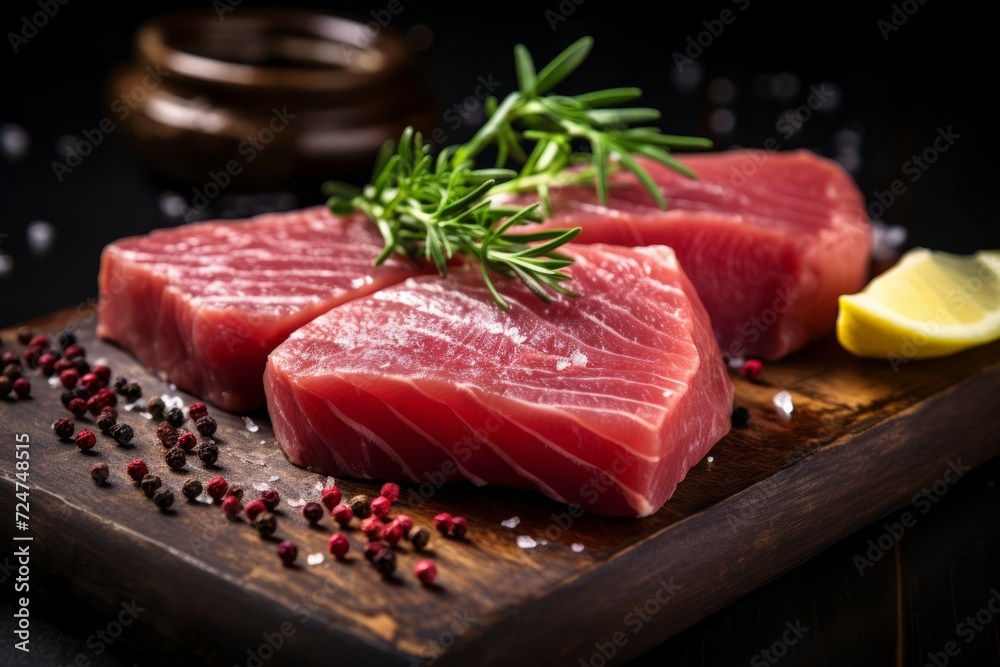 Appetizing raw tuna steak sprinkled with a mixture of peppers and a sprig of herbs on a wooden board.
