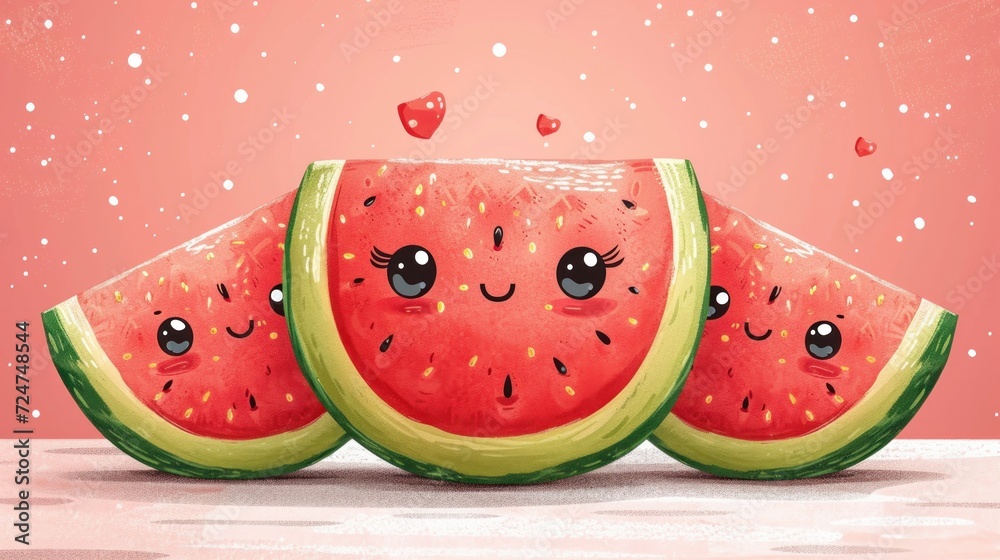 a couple of slices of watermelon sitting on top of each other on top of a pink surface with drops of watermelon falling off of watermelon. a couple of slices of watermelon sitting on top of each other on top of a pink surface with drops of watermelon falling off of watermelon.