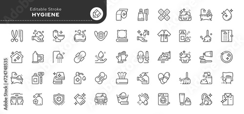 Set of line icons in linear style. Series - Hygiene and care. Cleaning, disinfecting, washing, sweeping and sanitation. Soap and shampoo. Outline icon collection. Pictogram and infographic. photo