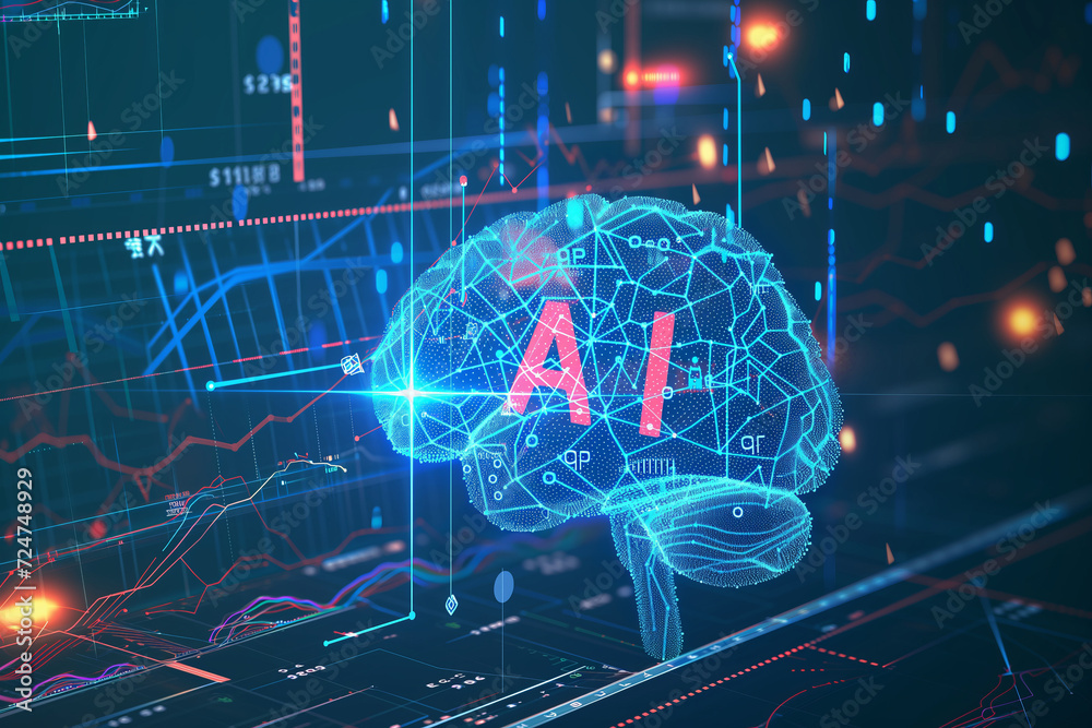 AI Brain in Financial Analysis, Cybernetic Network Concept, Stock Market Data AI Brain in Financial Analysis, Cybernetic Network Concept, Stock Market Data