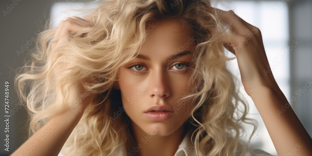 Naklejka premium A woman with blonde hair wearing a white shirt. This versatile image can be used in various contexts