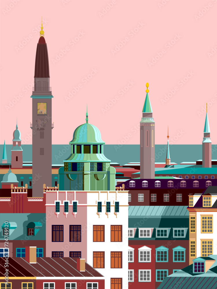 European cityscape with traditional houses, roofs, churches, bell towers. Retro style vector poster.