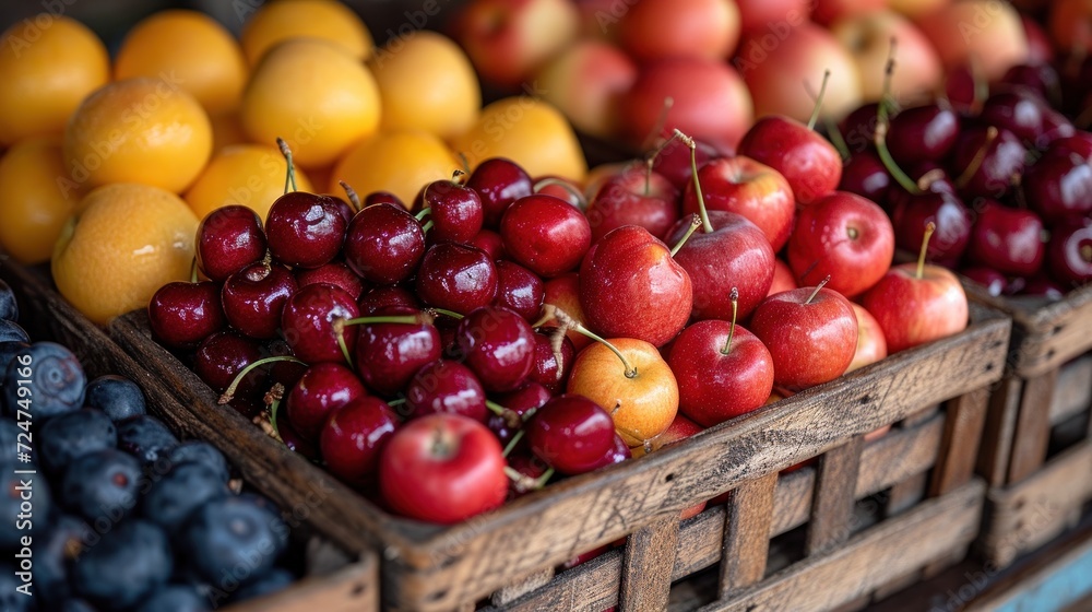 a pile of fruit sitting on top of a wooden crate next to a pile of blueberries and oranges and a pile of cherries on top of other fruit. a pile of fruit sitting on top of a wooden crate next to a pile of blueberries and oranges and a pile of cherries on top of other fruit.