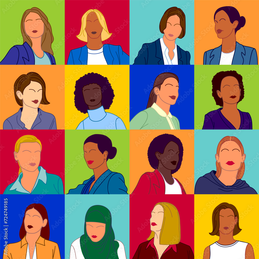 Set of different business women person faceless portraits, diverse multiracial business team, women avatars. Vector flat illustrations isolated on colorful background. Set of different business women person faceless portraits, diverse multiracial business team, women avatars. Vector flat illustrations isolated on colorful background.