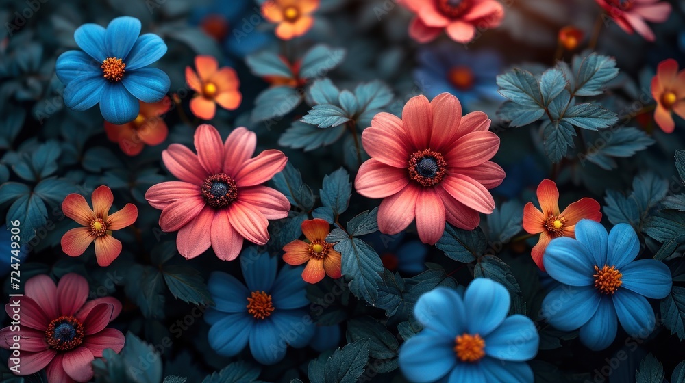 a close up of a bunch of flowers with blue, pink, and orange flowers in the middle of the picture and the center of the flowers in the middle of the picture. a close up of a bunch of flowers with blue, pink, and orange flowers in the middle of the picture and the center of the flowers in the middle of the picture.