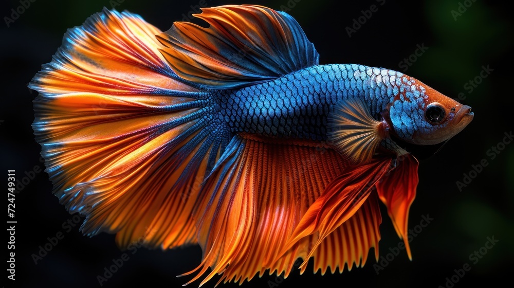 a close up of a blue and orange siamese fish with a black back ground and a green leafy area in the back of the fish's head. a close up of a blue and orange siamese fish with a black back ground and a green leafy area in the back of the fish's head.