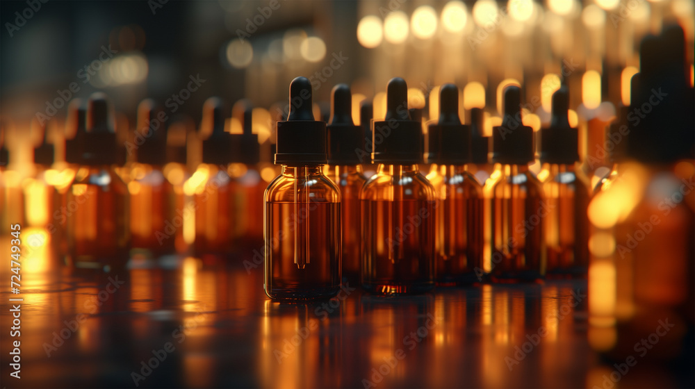 Rows of Transparent Brown Bottles in Laboratory. Glass Containers with Pipettes for Medicine and Aromatherapy.