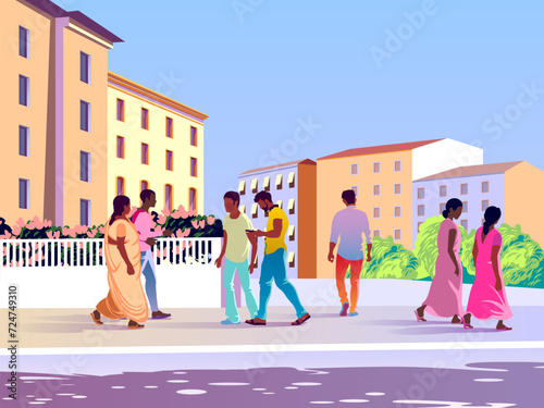 Multiethnic people group walking outdoor mix race men women citizens crowd going along city street cityscape background