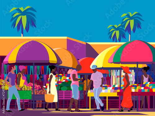A multi-ethnic group of people walks through a Caribbean street market with fruit and clothing stalls and umbrellas. Handmade drawing vector illustration. Can be used in books, posters, banners, etc.