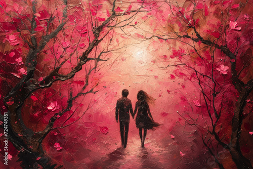 Wallpaper Mural Couple walking hand-in-hand under a canopy of vibrant red leaves, symbolizing romance and love. Torontodigital.ca