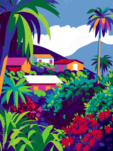 Beautiful caribbean landscape with bungalows, palms, flower gardens and mountains in the background. Handmade drawing vector illustration. Caribbean style poster.