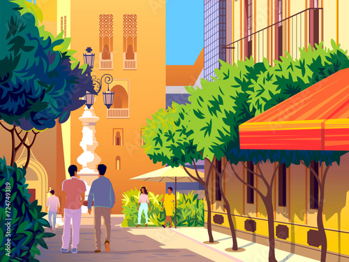 Classic architectural administrative  or govermental building or palace  with english park and trees. Handmade drawing vector illustration.
