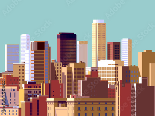 Cityscape overlooking high-rise corporate buildings in the commercial and financial center and luxury condominiums in the city center. Handmade drawing vector illustration. Pop art style poster.